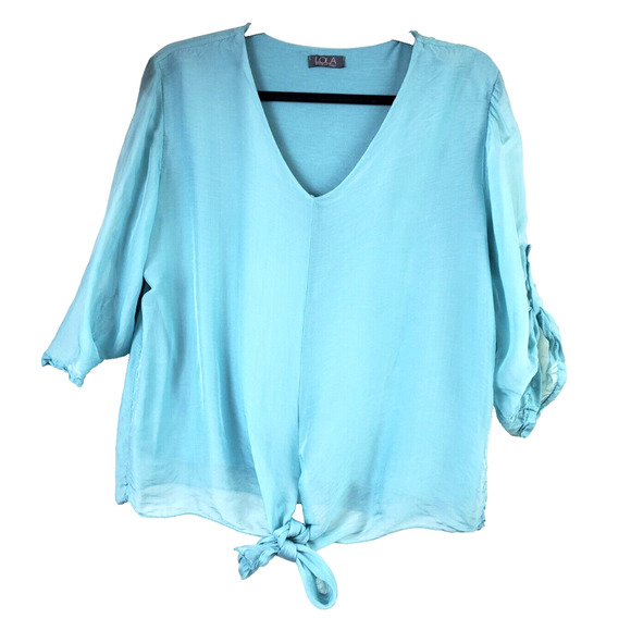 LOLA Made In Italy Womens Top Blue Round Neck Silk Layered Tie Front Flowey - Picture 1 of 9